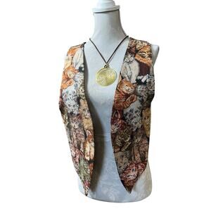 Vintage Cat Tapestry Vest Animal Print 90s Cottagecore Size S
